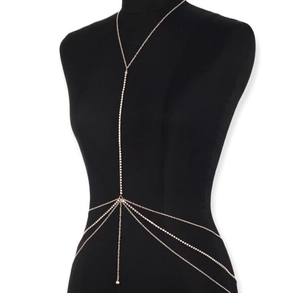 Gold Chest Chain Glittery Rhinestone Waist Chain Body Chain NEW - Picture 4 of 4